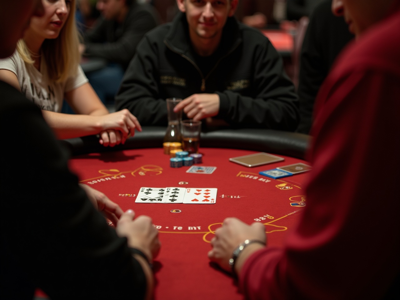 Krupié kártyát oszt a Zéró Klub blackjack-asztalán, vakufényben